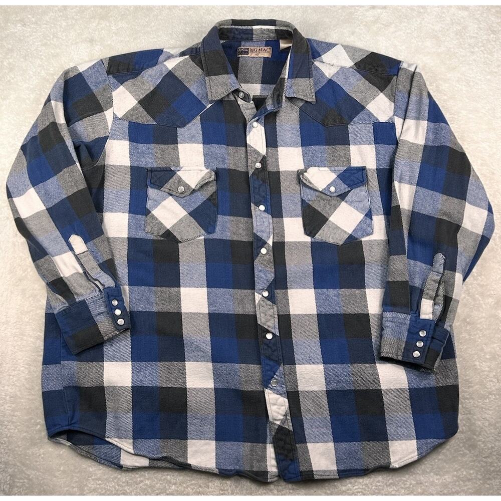 Vintage Big Mac Workwear Pearl Snap Mens Flannel Shirt 2XLT Blue Plaid Western